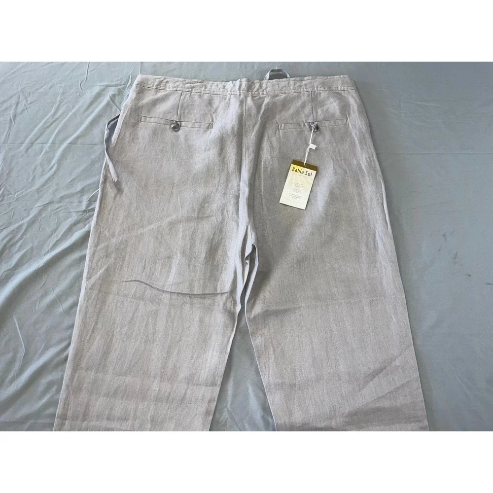Bahia Sol Volos Flat Front Linen Pants w/ Drawstring. Platinum Gray, 44. NWT!